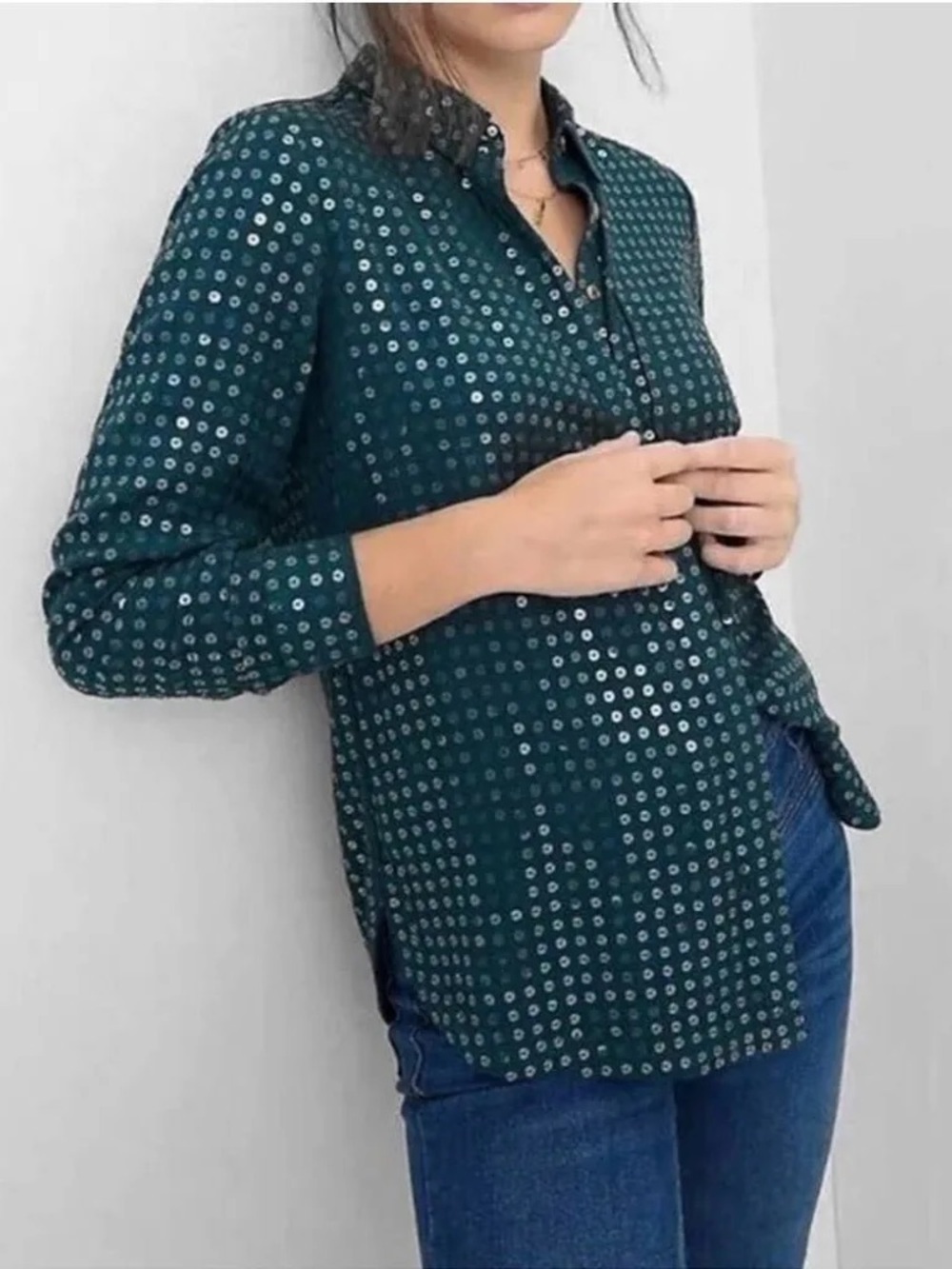 Pilcro Dark Teal & Sequin Button-Down Shirt
